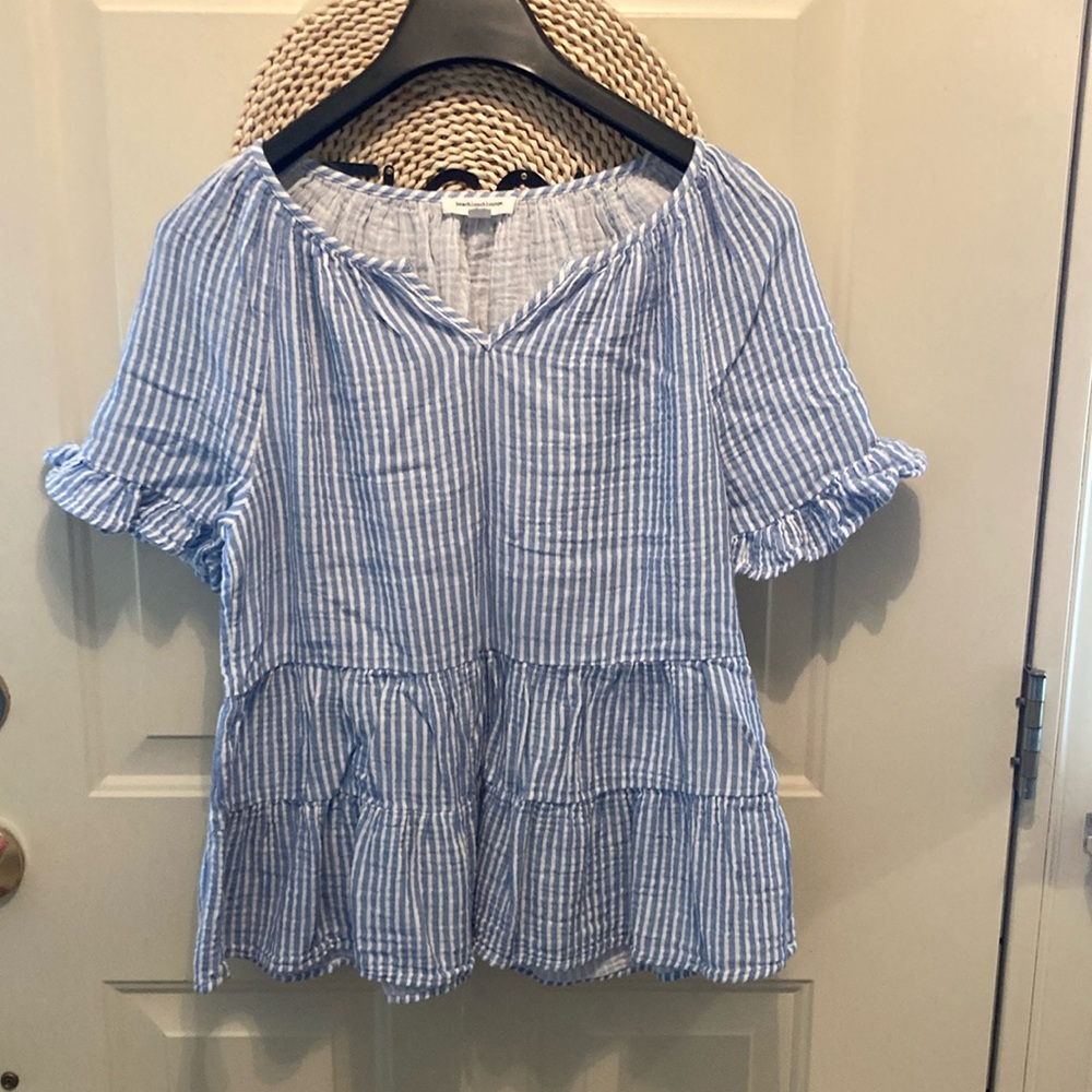 NEW! Beach Lunch Lounge Gauzy Stripe Tiered Ruffled Top V-Neck Short Sleeve Sz M